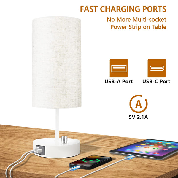 Allesgute Bedside Lamps Set of 2, 45cm Dimmable Table Lamp with USB A + C Charging Ports, Modern E27 Nightstand Light with Beige Shade for Bedroom