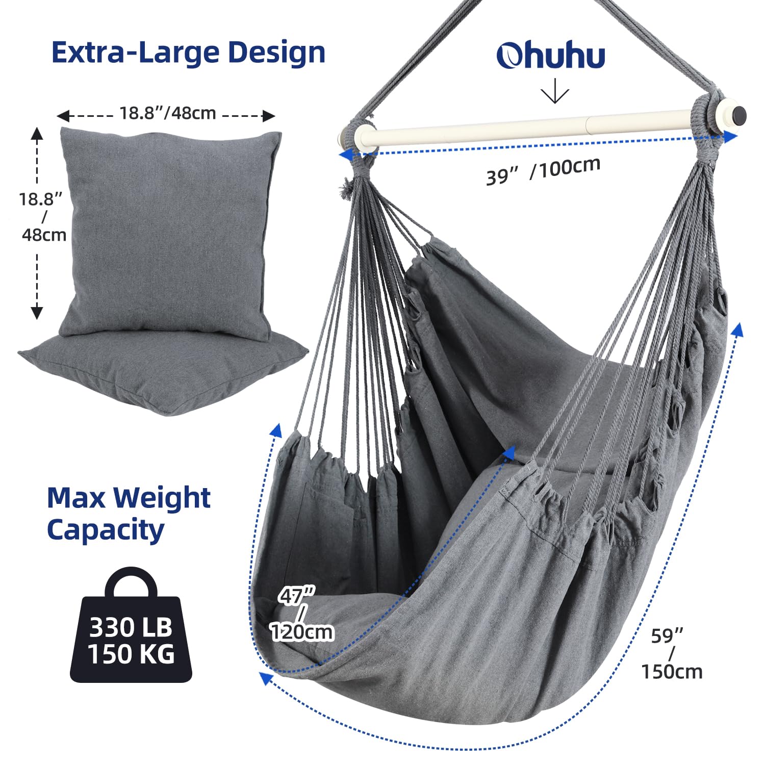 Hanging Chair Cotton Swing Chair with Hardwares, Ohuhu XL Portable Hammock Chair with 2 Cushions Installation Kit Detachable Metal Support Bar Side