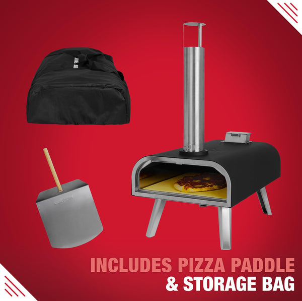 George Foreman Outdoor 12 Inch Wood Pellet Portable Wood Fired Pizza Oven Stainless Steel with Paddle and Carry Bag, BBQ Oven & Smoker, Foldable Legs GFWPPO1SSPC