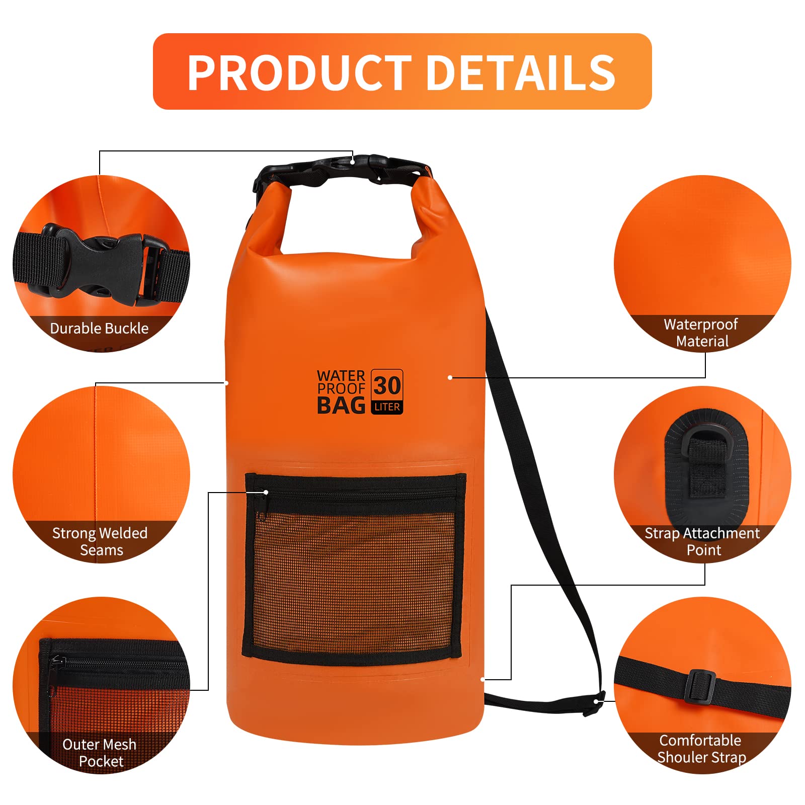 Bojury Waterproof Dry Bag Backpack 30L with Mesh Pocket Adjustable Strap - Roll Top Portable Dry Sack for Kayaking Boat Tour Canoe Swimming Snow Boarding-Blue Fishing Rafting