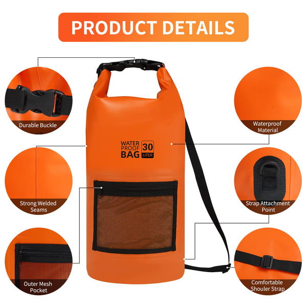 Bojury Waterproof Dry Bag Backpack 30L with Mesh Pocket Adjustable Strap - Roll Top Portable Dry Sack for Kayaking Boat Tour Canoe Swimming Snow Boarding-Blue Fishing Rafting