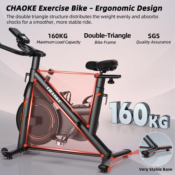 Exercise Bike, CHAOKE Stationary Bike for Home Fitness, Ultra-Quiet Magnetic Resistance Indoor Cycling Bike, Large Tablet Holder, Comfortable Seat, LCD Display, Strength Training