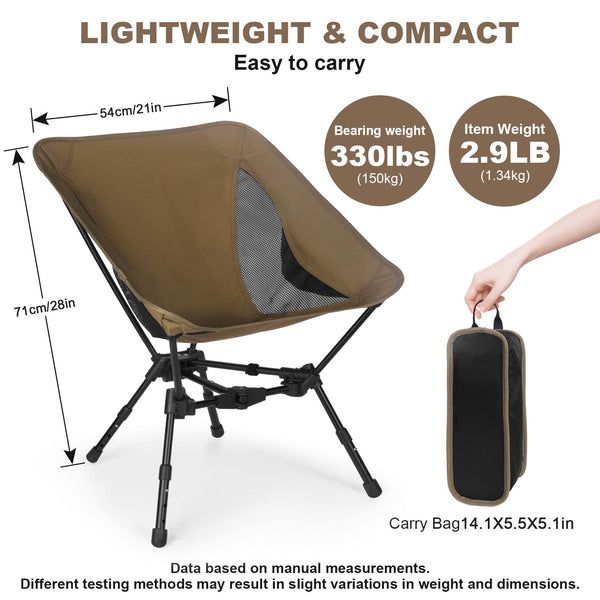 Portable Folding Camping Chair: Lightweight Height Adjustable Camping Chairs Stable Supports 330 Lbs with Side Pockets for Outdoor Camp, Travel, Beach, Lawn (Black)