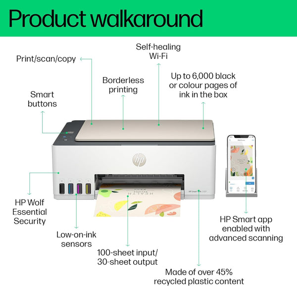 HP Smart Tank 5107 All in One Printer | Perfect for Home | Colour | Wireless | Print, Scan, Copy | Refillable | Includes up to 3 Years of Ink | Smart Buttons | Easy Setup | Reliable Wi-Fi