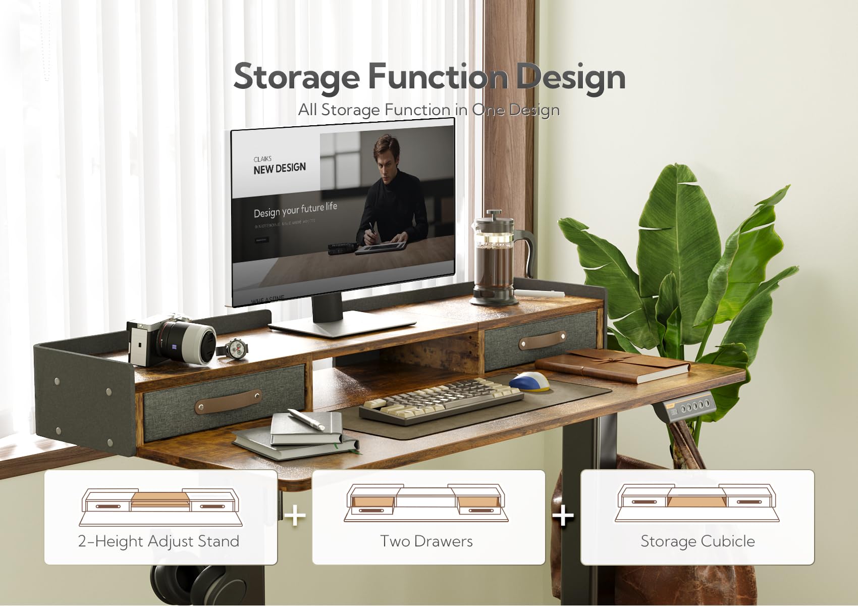 Claiks Electric Standing Desk with Drawers, 120x60cm Height Adjustable Desk with Storage Shelf and Splice Board, Stand Up Desk for Home Office, White Frame/Maple Top