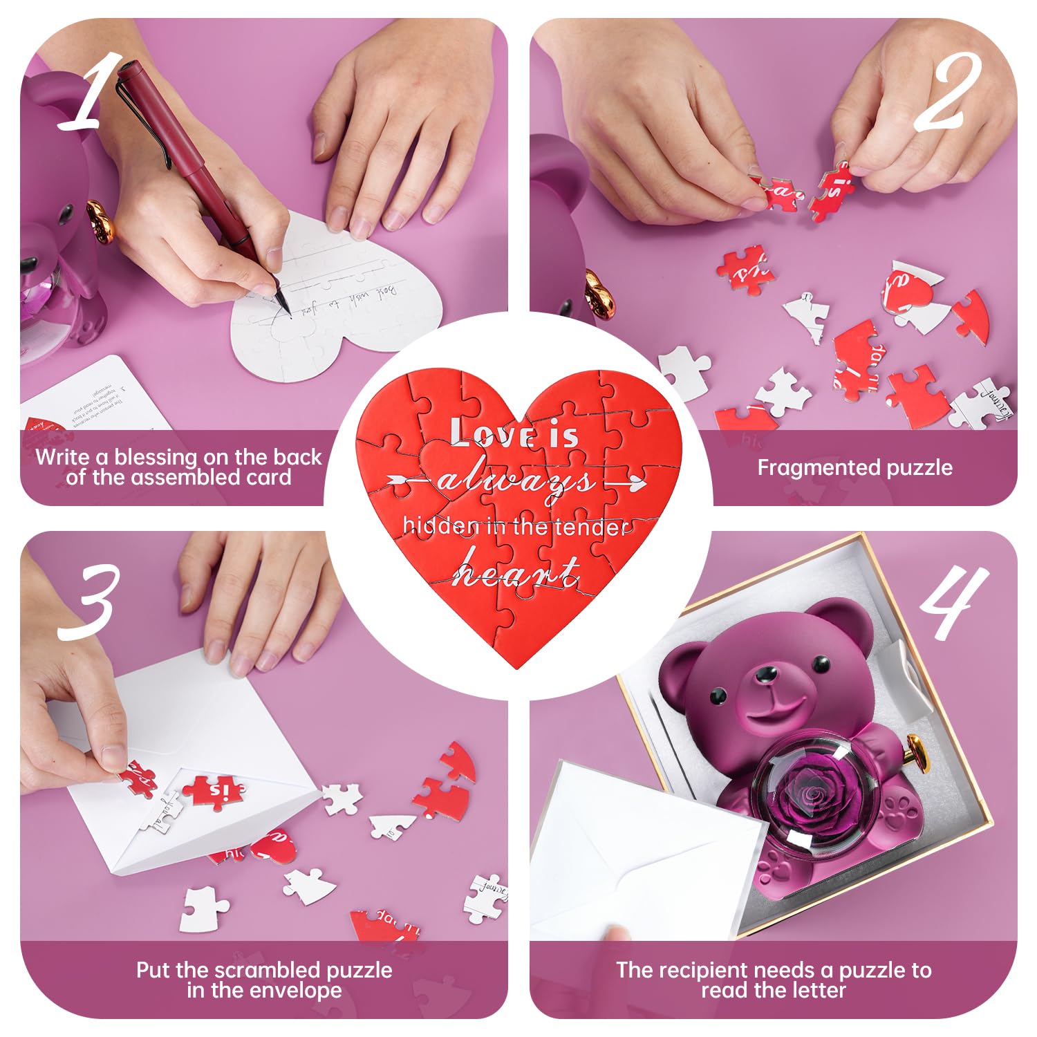 Ariceleo Purple Teddy Bear with Preserved Rose, Real Rose Flower in Bear, Elegant Gift Box, Heart-Shaped Necklace, Unique Gift for Valentine's Day,