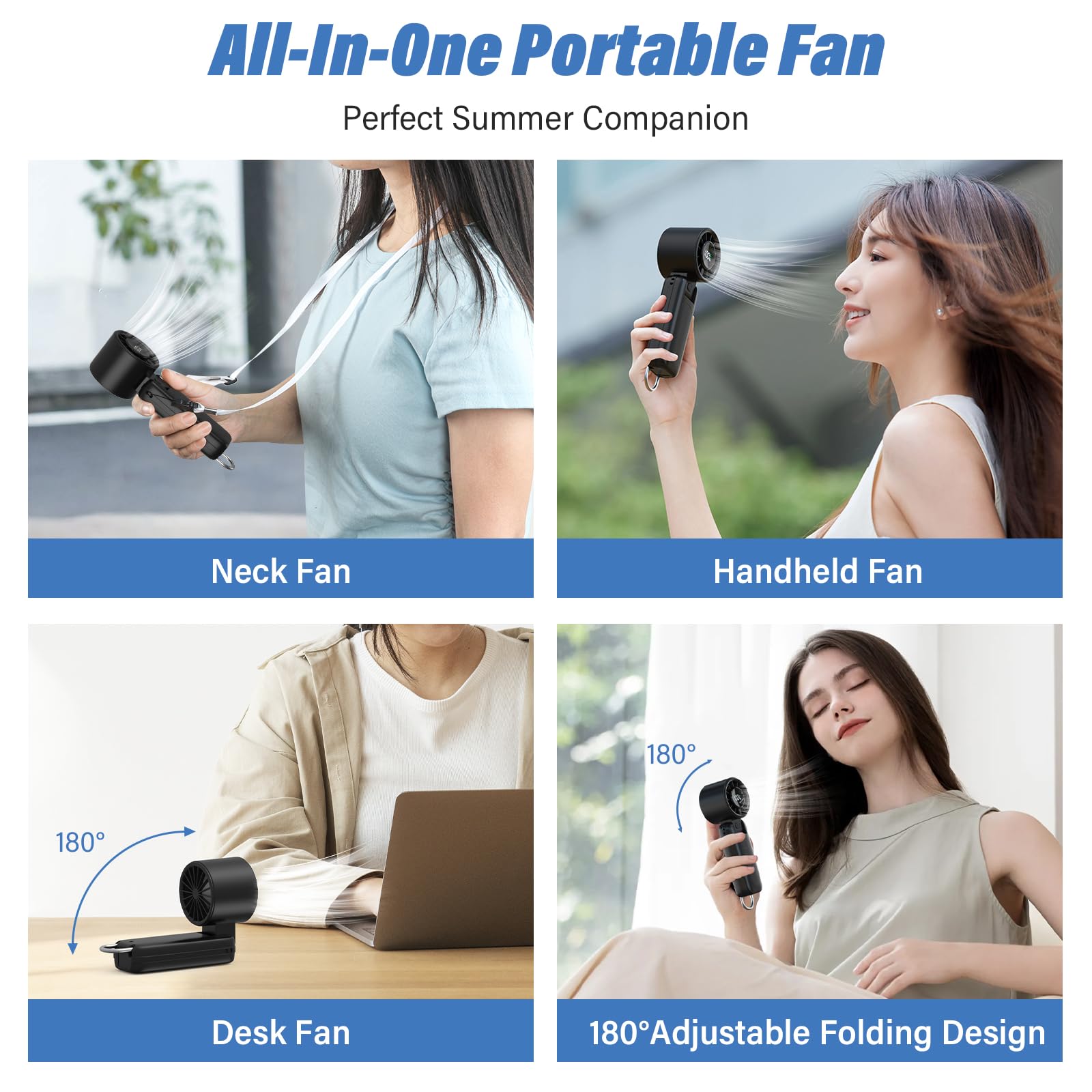 Eoboya Handheld Portable Fan, 100-Speed Adjustable,5000mAh,USB Rechargeable,7-Blade High-Speed Cooling, LED Display, 3-in-1 Foldable Desktop & Handheld & Neck,for Outdoor/Travelling/Home/Office(Black)