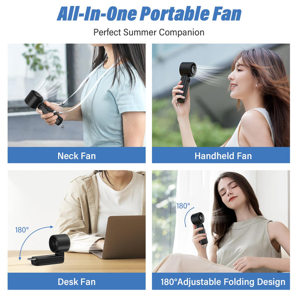 Eoboya Handheld Portable Fan, 100-Speed Adjustable,5000mAh,USB Rechargeable,7-Blade High-Speed Cooling, LED Display, 3-in-1 Foldable Desktop & Handheld & Neck,for Outdoor/Travelling/Home/Office(Black)