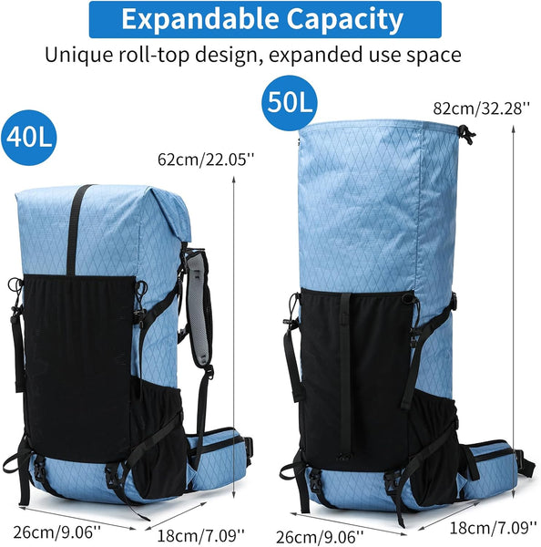 POWER KING 40L Expandable TO 50L Hiking Backpack,Upgraded X-PAC Scratch-proof Lightweight Large Rucksack for Mens Women, Outdoor Roll Top Camping Packsack, Fit for 15.6'' Laptop