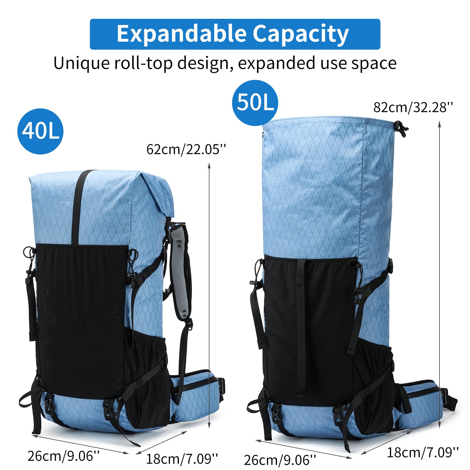 POWER KING 40L Expandable TO 50L Hiking Backpack,Upgraded X-PAC Scratch-proof Lightweight Large Rucksack for Mens Women, Outdoor Roll Top Camping Packsack, Fit for 15.6'' Laptop