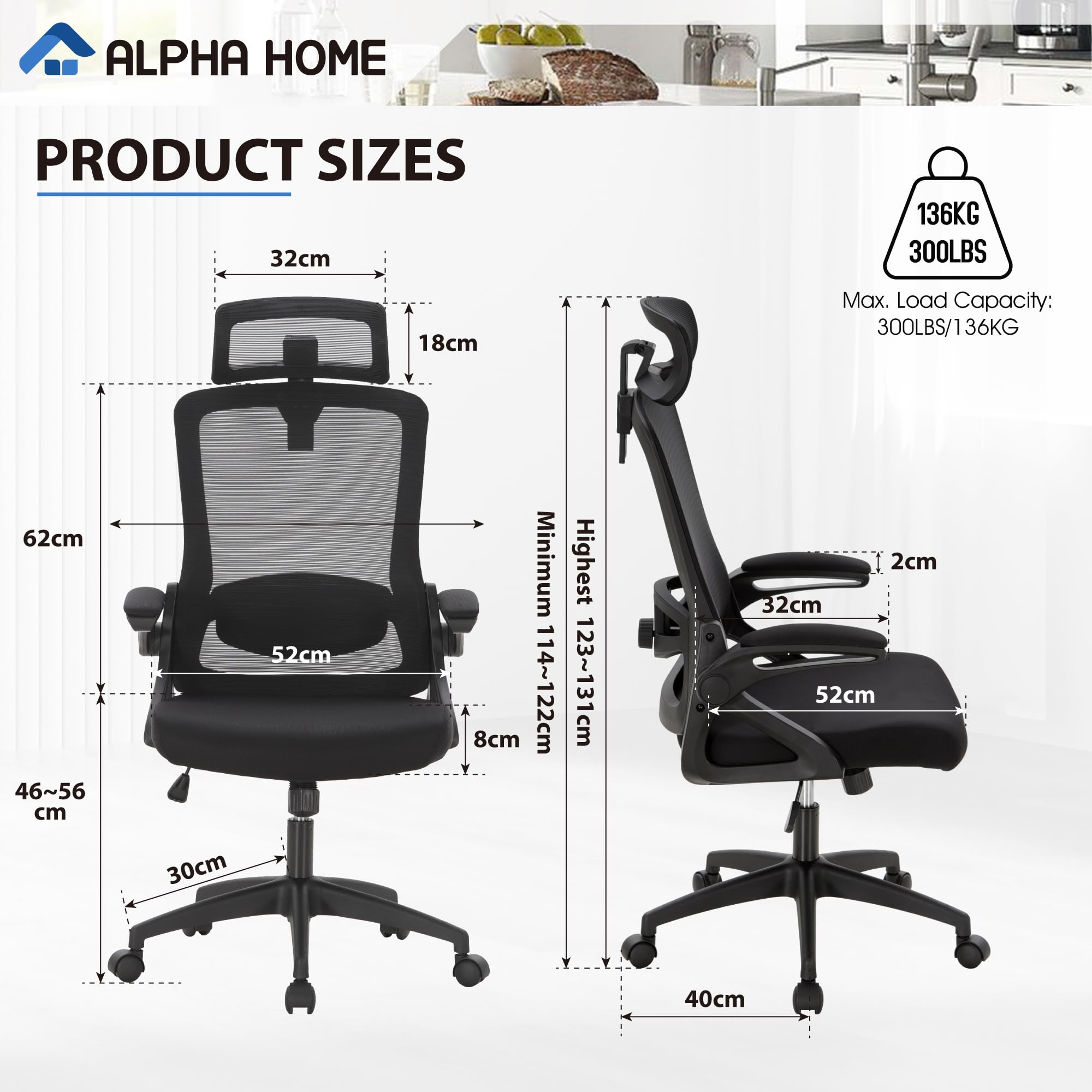 ALPHA HOME Ergonomic Office Desk Chair, Breathable Mesh Computer Chair with Adjustable Lumbar Support, Headrest and Flip up Armrests, Comfortable