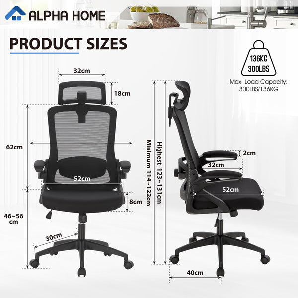 ALPHA HOME Ergonomic Office Desk Chair, Breathable Mesh Computer Chair with Adjustable Lumbar Support, Headrest and Flip up Armrests, Comfortable