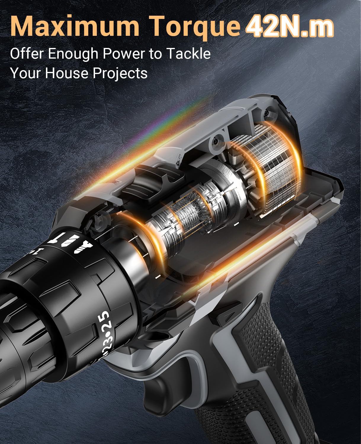 DYJPOW Brushless Cordless Hammer Drill Driver 21V, 2 Batteries 2000mAh, 20+3 Torque, 45N.m Max, 14PCS Drill Bits, 2 Speed, LED Light for Home, Garden DIY