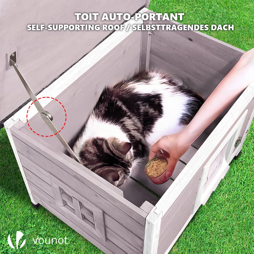 VOUNOT Cat House Outdoor with Kennel Door Privacy Window Cat Wooden Shelter 57x45x43cm, Grey