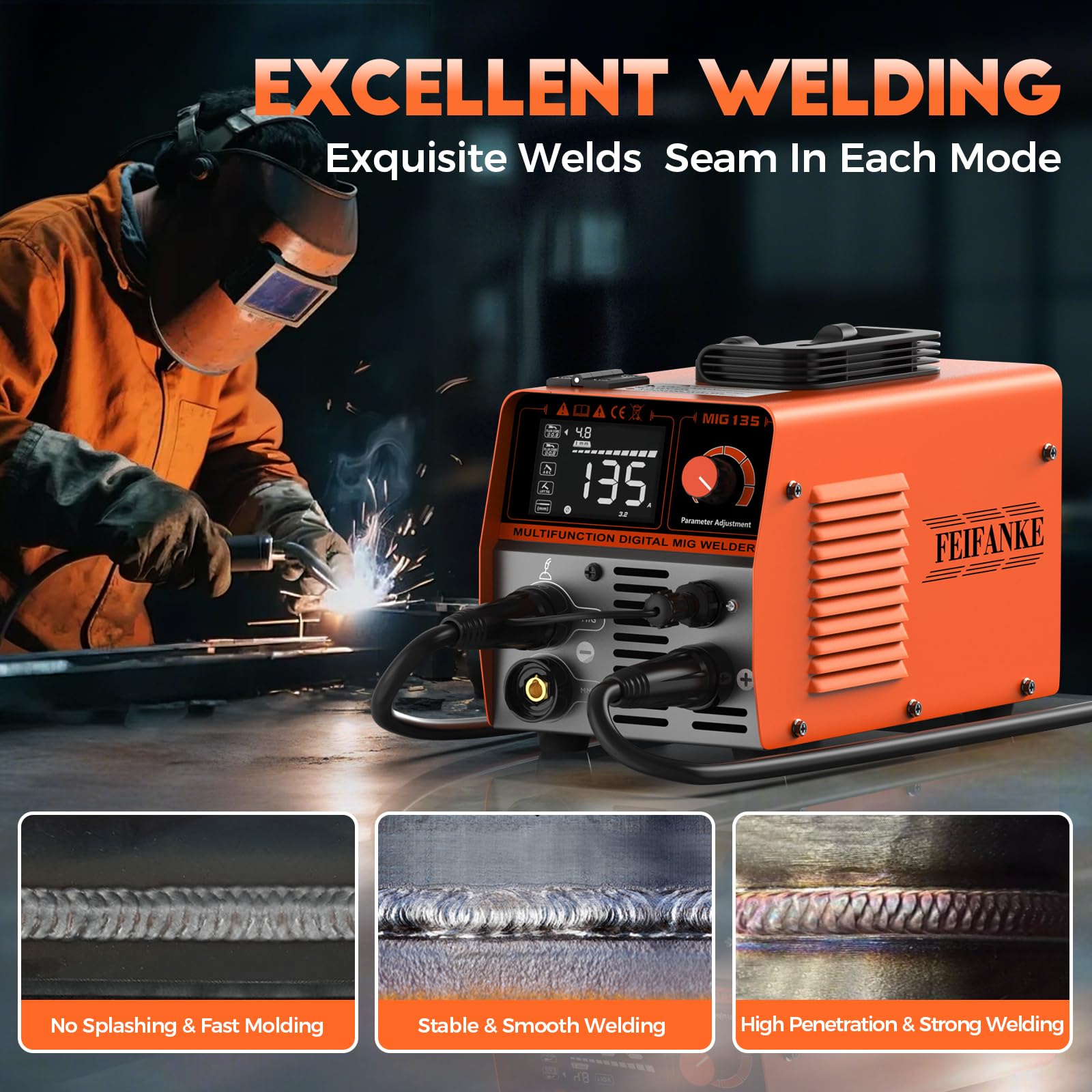 FEIFANKE MIG Welders 240V 250A 6 in 1 Without Gas MIG/Gas MIG/MMA/Lift TIG/Spot Welding/Single Pulse MIG Welding Machine IGBT Inverter Gasless MIG Welders with Fast Wire Feed Gas Test