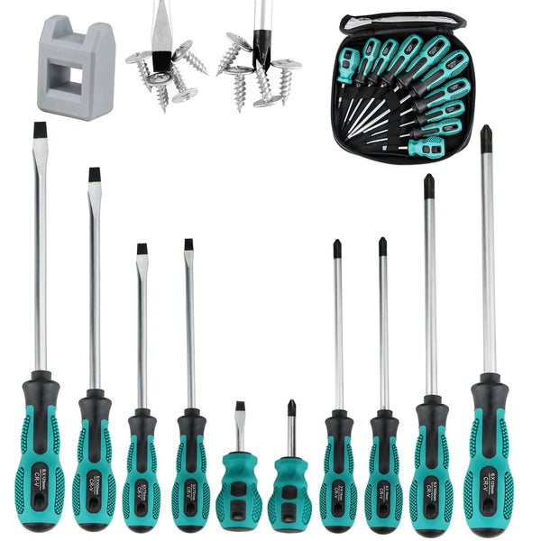 Screwdriver Set 10pcs, Magnetic Screwdriver Set 5pcs Phillips Screwdrivers and 5pcs Slotted/Flat Head Screwdrivers, Chrome Vanadium Steel Made