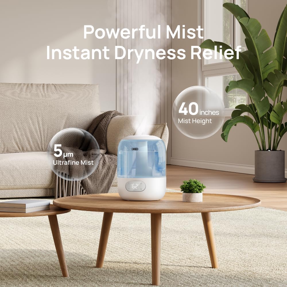 Dreo Humidifier for Bedroom with Sensor, 26dB Quiet Cool Mist Ultrasonic Humidifiers for Home, 360 Nozzle, 30H Runtime, Ambient Light Indicator,