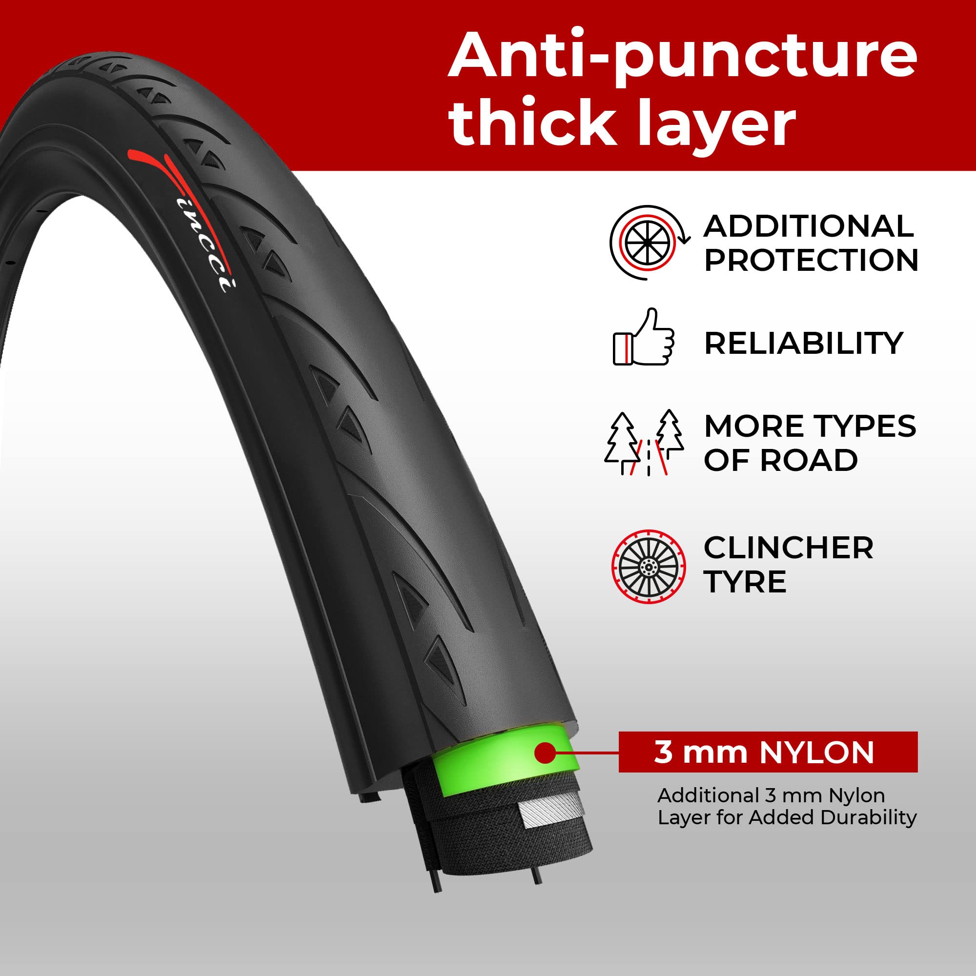 Fincci Racing Bike Tyres 700x25c - Pair Slick Tires 25-622 with 3 mm Nylon Protection, 60 TPI, Specialized for Race, Gravel, Carrera, Road and Touring