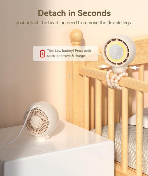 Dreamegg Baby Pram Fan - Portable Clip On Fan for Stroller with Hidden Blade & Child Lock, 4 Speeds With Eco Mode, Night Light, LED Display, USB Rechargeable for Car Seat & Crib, Ideal Baby Gift