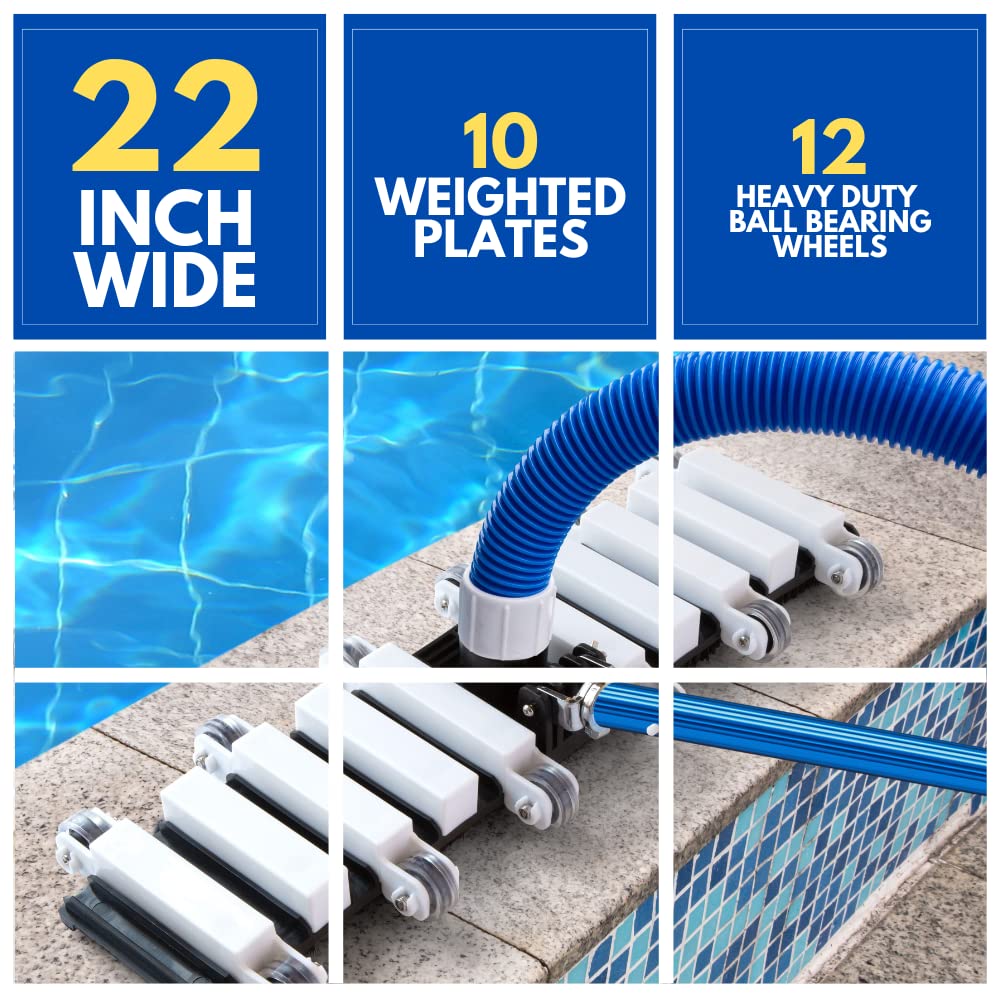 Aquatix Pro Pool Vacuum Head, 22" Extra Large Commercial Grade, 10 Weighted Plates, 2 x Hose Adapter, Aluminium Handle, Stainless Steel Balls,