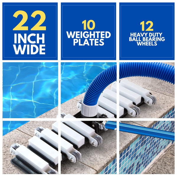 Aquatix Pro Pool Vacuum Head, 22" Extra Large Commercial Grade, 10 Weighted Plates, 2 x Hose Adapter, Aluminium Handle, Stainless Steel Balls,