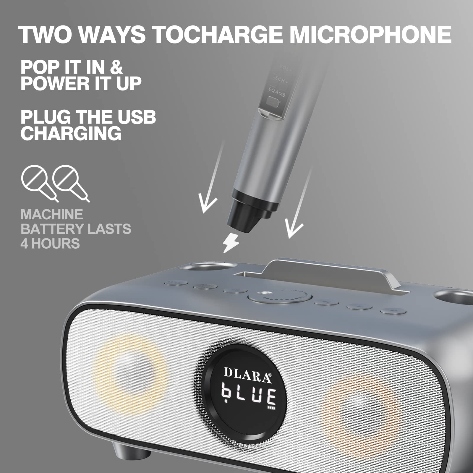 Upgrade Karaoke Machine for Adults and Kids,Portable Bluetooth 2 UHF Wireless Karaoke Microphone with Holder/USB/TF Card/AUX-in,PA Speaker System for Home Party, Picnic,Car,Outdoor/Indoor-Grey