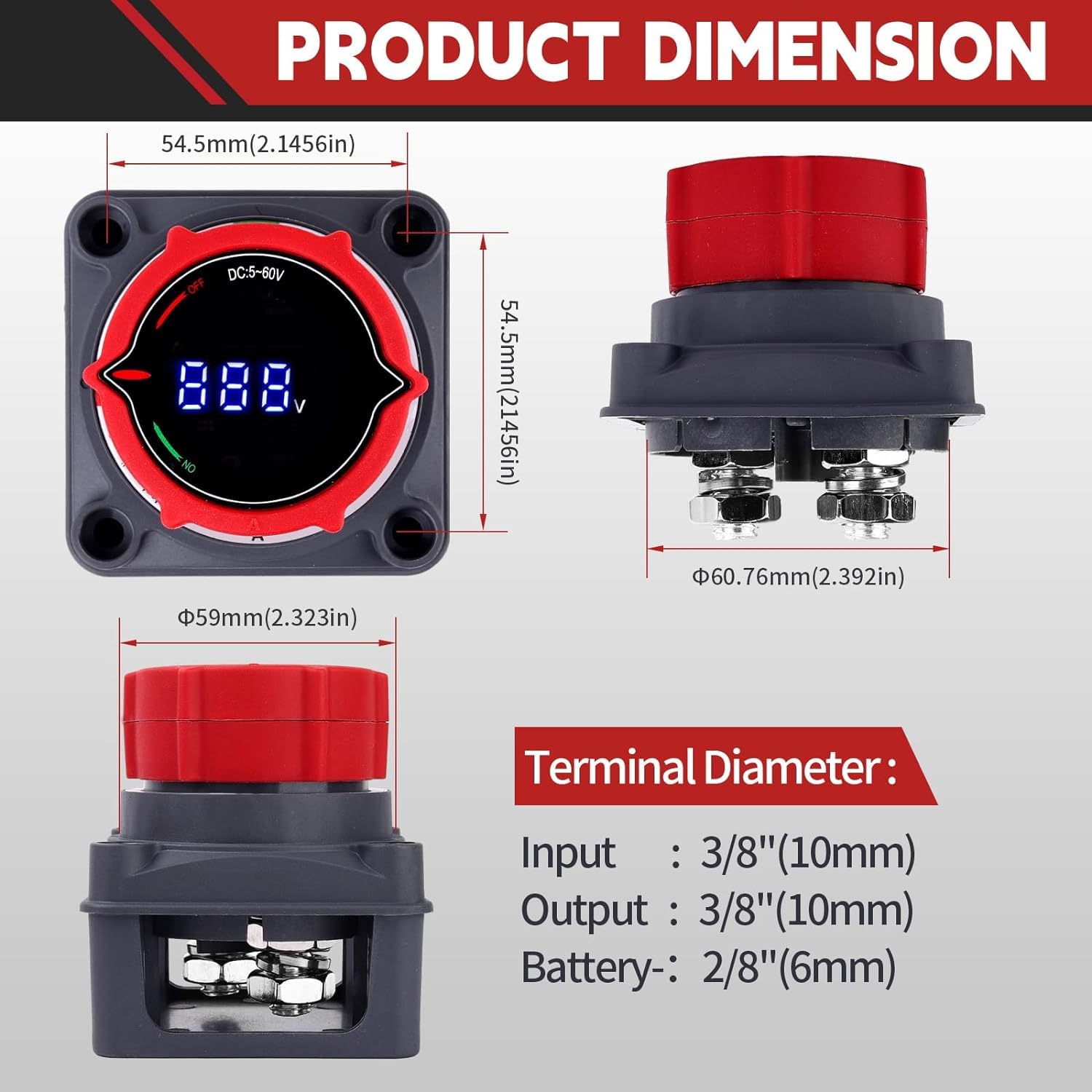 Top Post Battery Isolator Switch with Voltmeter, DC 5-60V Master Isolator On Off Kill Switch Power Cut/Shut Off Switch for Marine Boat RV Car Truck Camper Trailer