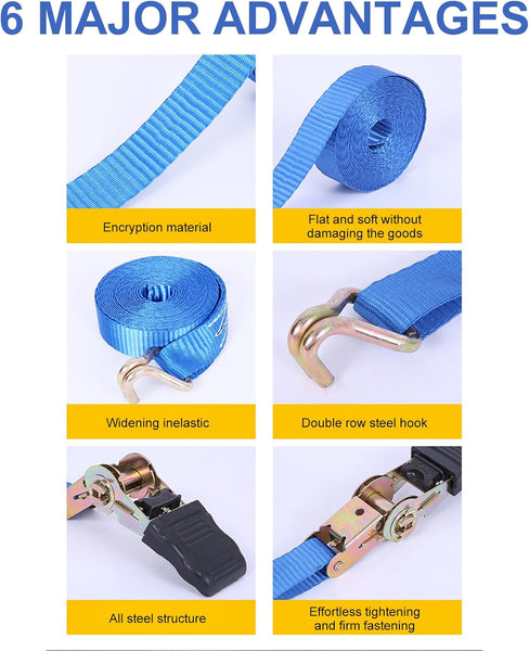 VINSPIRE Ratchet Straps with Hook– 6M x 25MM Heavy Duty Tie Down Straps with Cam Buckle for Cargo, Trailer, Car, Motorcycle, Household