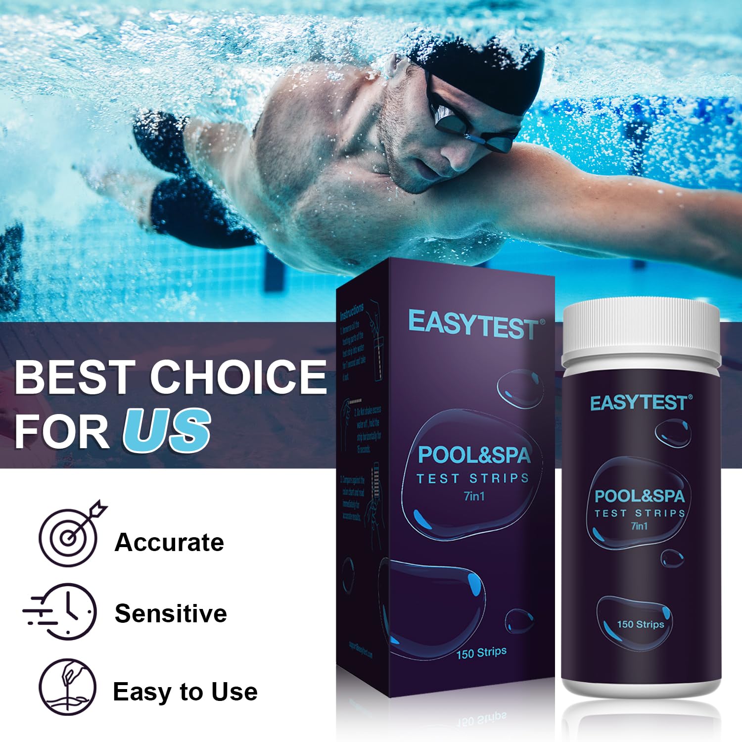 EASYTEST Hot Tub Test Strips, 150 Strips Pool and Spa Test for pH,Total Alkalinity,Free Chlorine and Bromine, Accurate 3 in 1 Pool Water Testing Kit