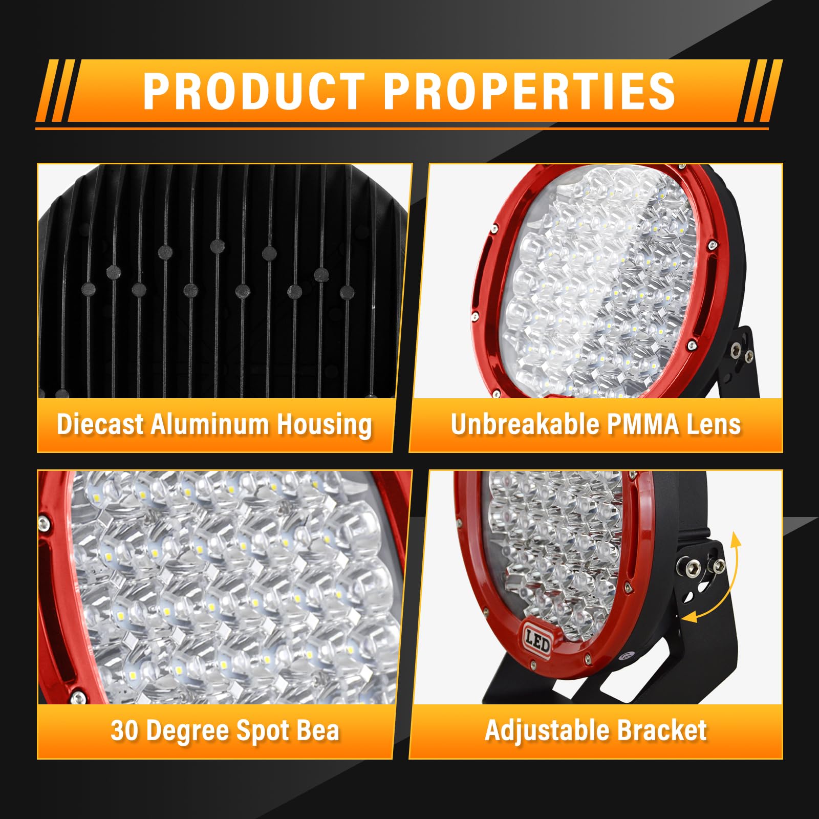 RIGIDON 2 Pcs Black Case Round Led Work Light, 9 inch 294W Spot Beam, 12V 24V Driving Lights Lamp Headlight for Car Off road Boat Truck 4x4 SUV ATV Tractors Excavator, 6000K White, Fog Lamp