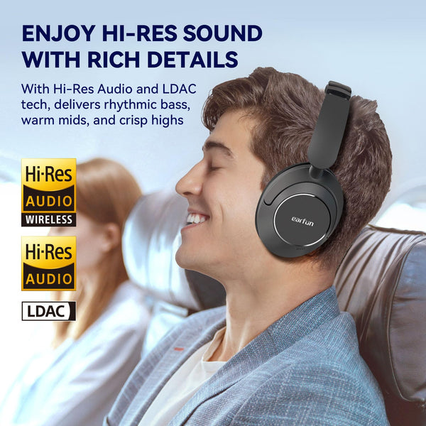 EarFun Wave Pro Hybrid Active Noise Cancelling Headphones, Wireless Over Ear Bluetooth Headphones, LDAC Hi-Res Audio, 80H Playtime, Comfortable Fit, 5-Mic Clear Calls, Multipoint Connection, EQ in APP
