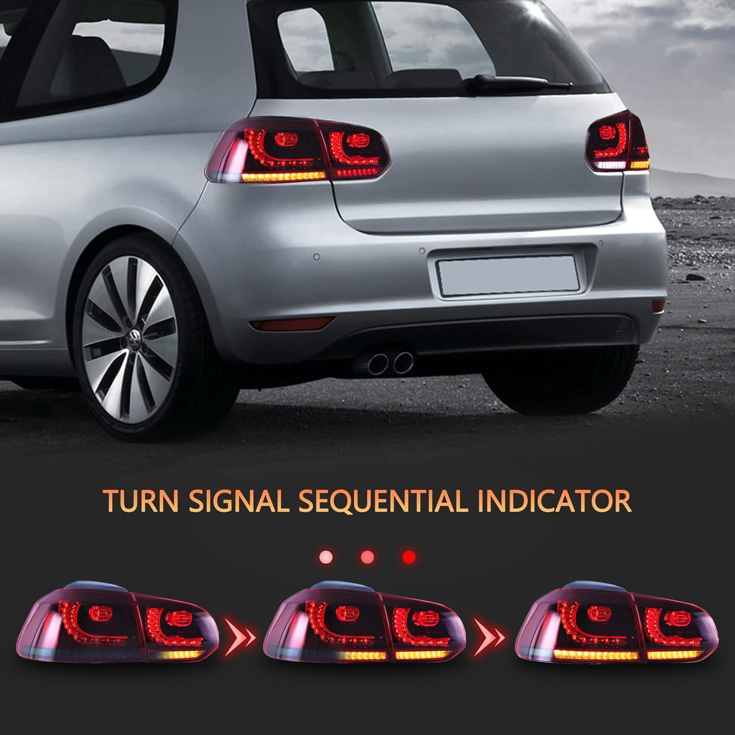 VLAND LED Rear Lights for Golf6 MK6 GTD R TSI 2008-2013 Tail Lights Lamps Assembly with Sequential Indicator, E-mark, One Pair (Smoked)