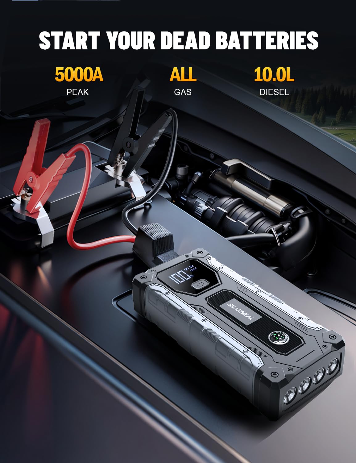 SHARMEAL 6000A Portable Car Battery Booster (all Gas/10L Diesel), Jump Starter Power Pack with 150PSI Air Compressor, 12V Car Jump Starter Power Bank with Jump Leads, LCD Screen, Emergency Light