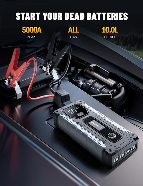 SHARMEAL 6000A Portable Car Battery Booster (all Gas/10L Diesel), Jump Starter Power Pack with 150PSI Air Compressor, 12V Car Jump Starter Power Bank with Jump Leads, LCD Screen, Emergency Light