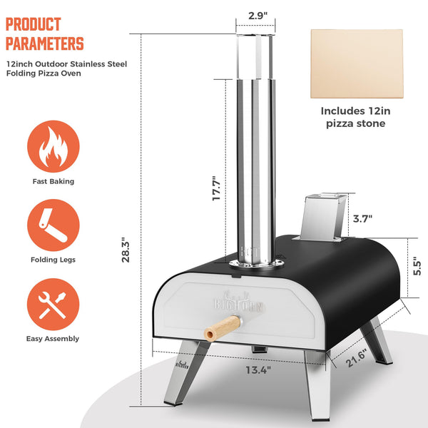 BIG HORN OUTDOORS Pizza Ovens Wood Pellet 12” Pizza Oven Cooking Pizza Maker Portable Pizza Grill (Black)
