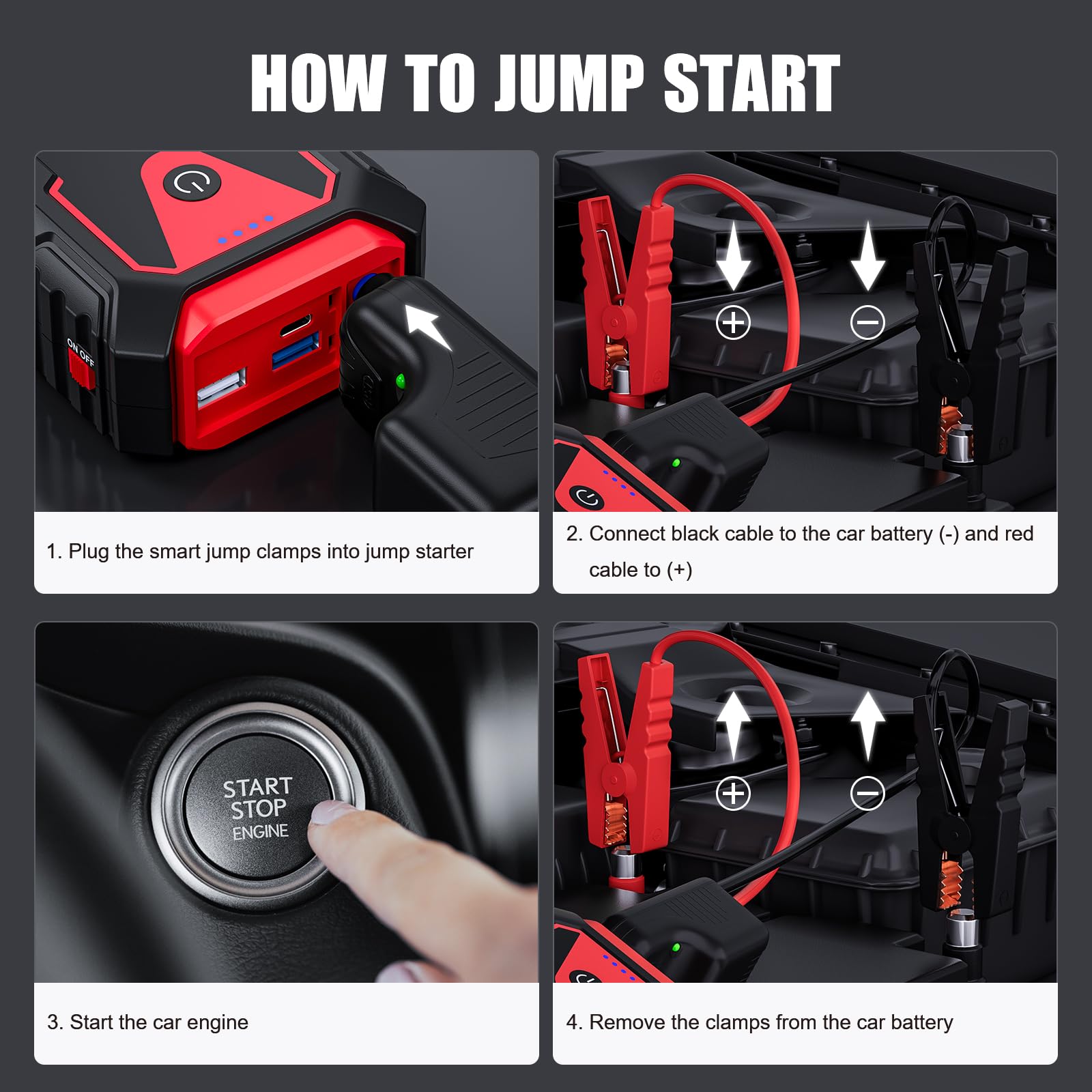 Povasee Jump Starter Power Pack, 3000A Car Battery Booster Jump Starter for 12V Vehicle, Car Jump Starter Power Bank with LED, 2 Quick Charge USB Outputs, Jump Pack with Jump Leads (10L Gas/8L Diesel)