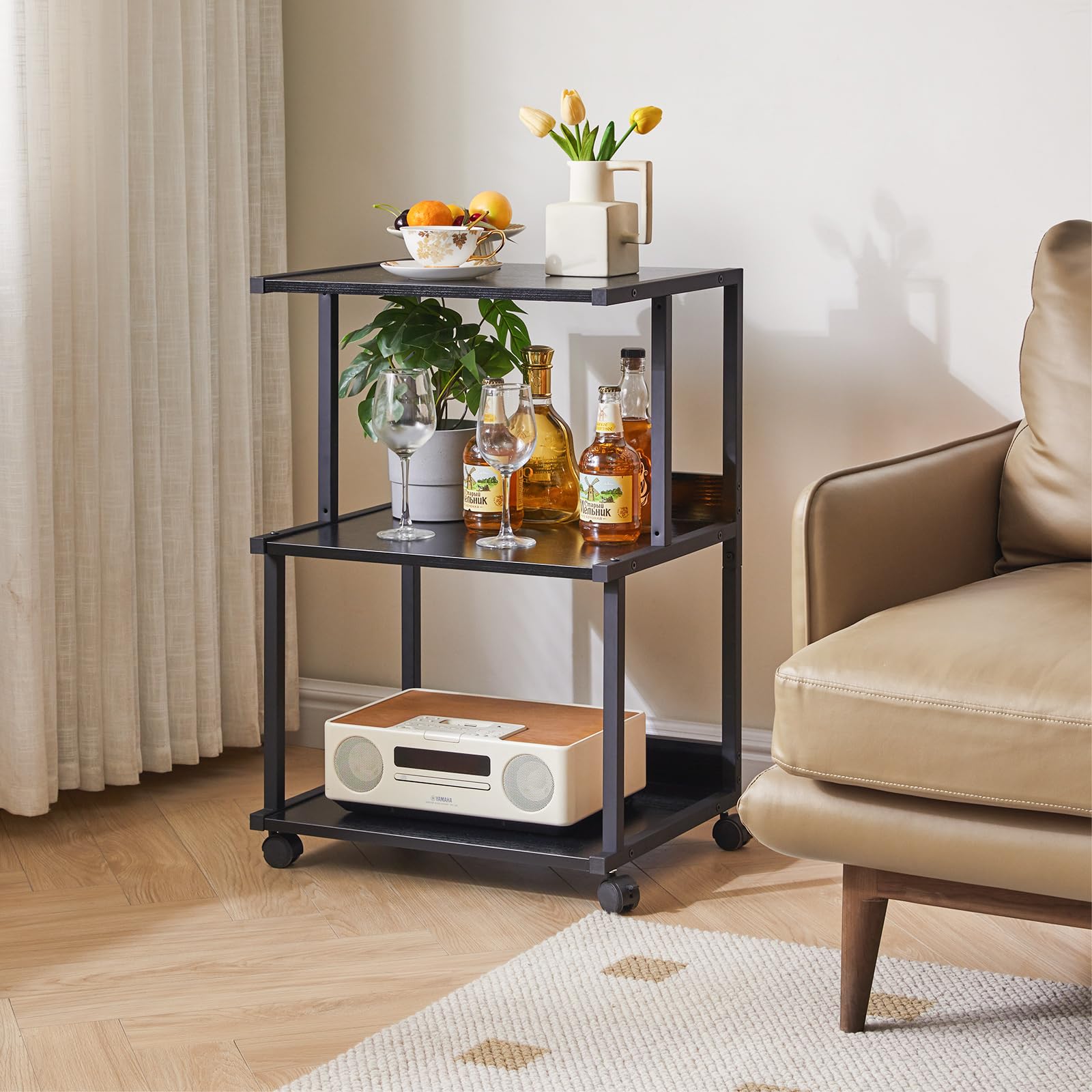 IBUYKE Black Printer Stand with Storage Shelf,3 Tier Printer Table with Wheels,Printer Cart for Home Office Organization, Rolling Cart Stand for Heat