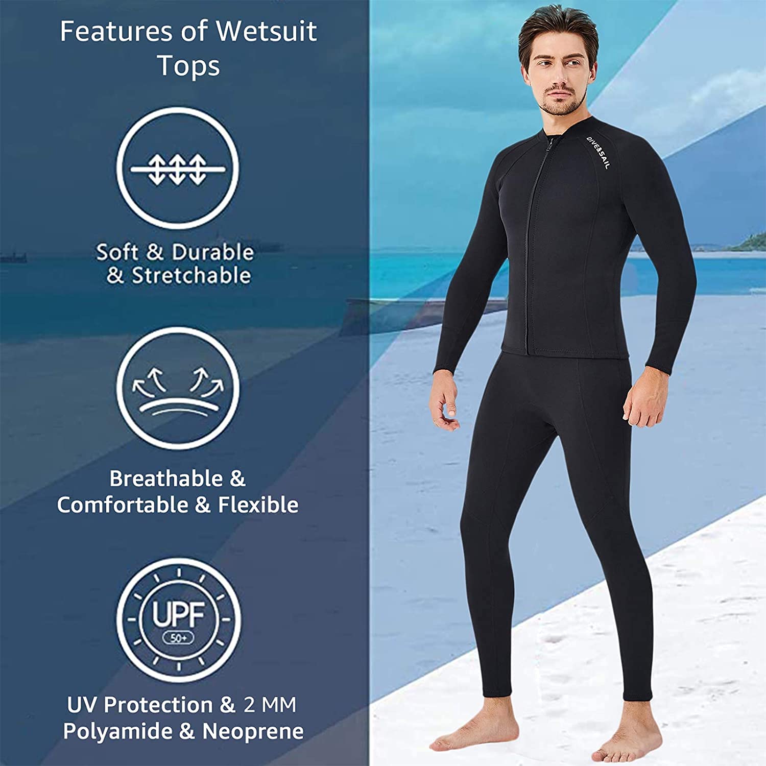 EUPTE 2mm Wetsuits Women/Men Long Sleeve Jacket UPF50+ UV Protection Diving Skin Suit Top for Scuba Diving Snorkeling Surfing Swimming (men, M)