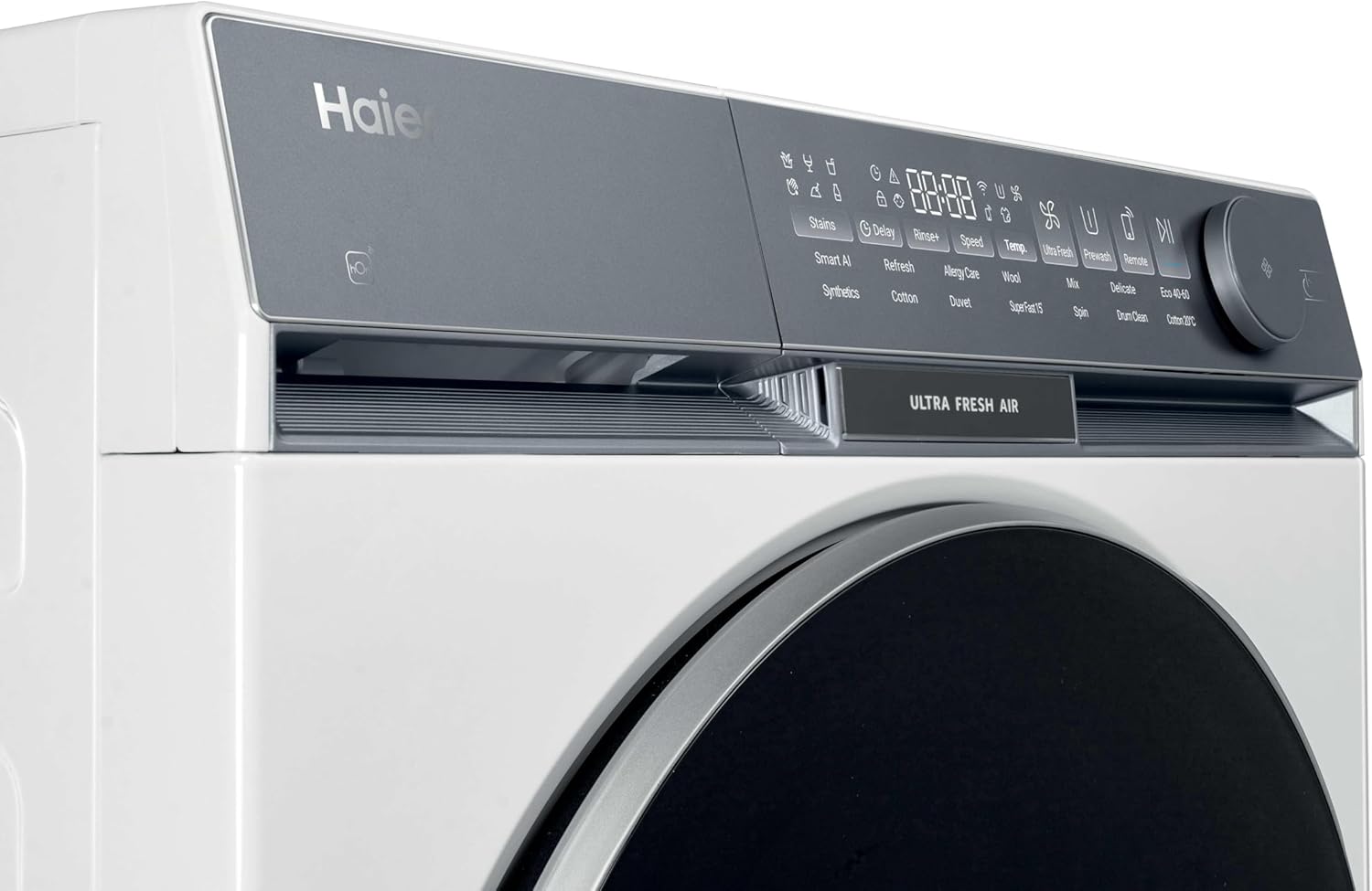 Haier X Series 9 Washing Machine, 10kg, 1400 rpm, A-30 percent Energy Class, Ultra Fresh Air, Refresh Cycle, Direct Motion Motor, 14 Programmes, White-Black Door, 57x60x85 cm -HW100-B14387UUK
