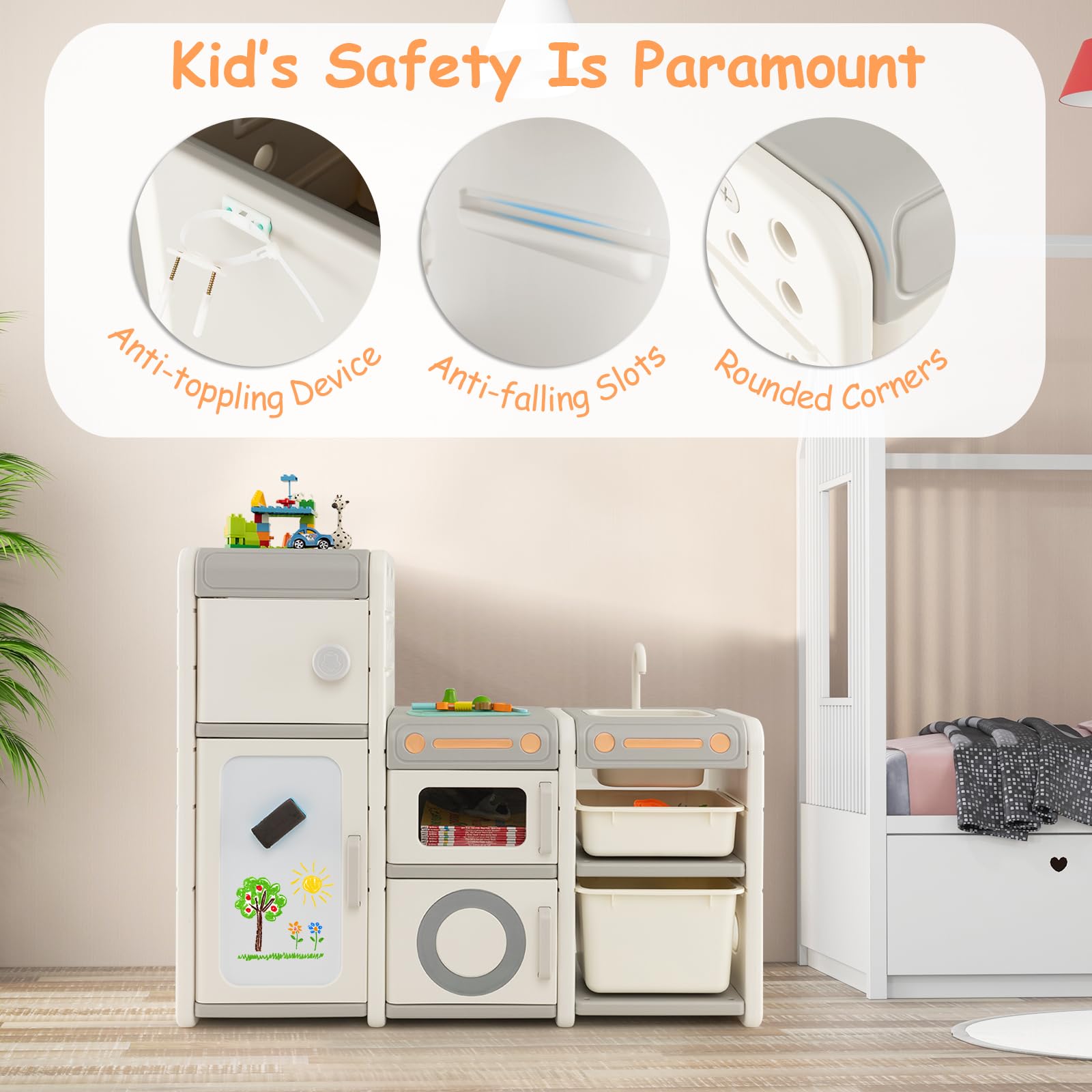 COSTWAY Kids Storage Units, Children Toy Organizer with Plastic Bins, Pull-Out Drawers and Door Cabinet, Toddler Storage Chest for Nursery Playroom Bedroom (Car Shape, 112 x 35 x 66cm)