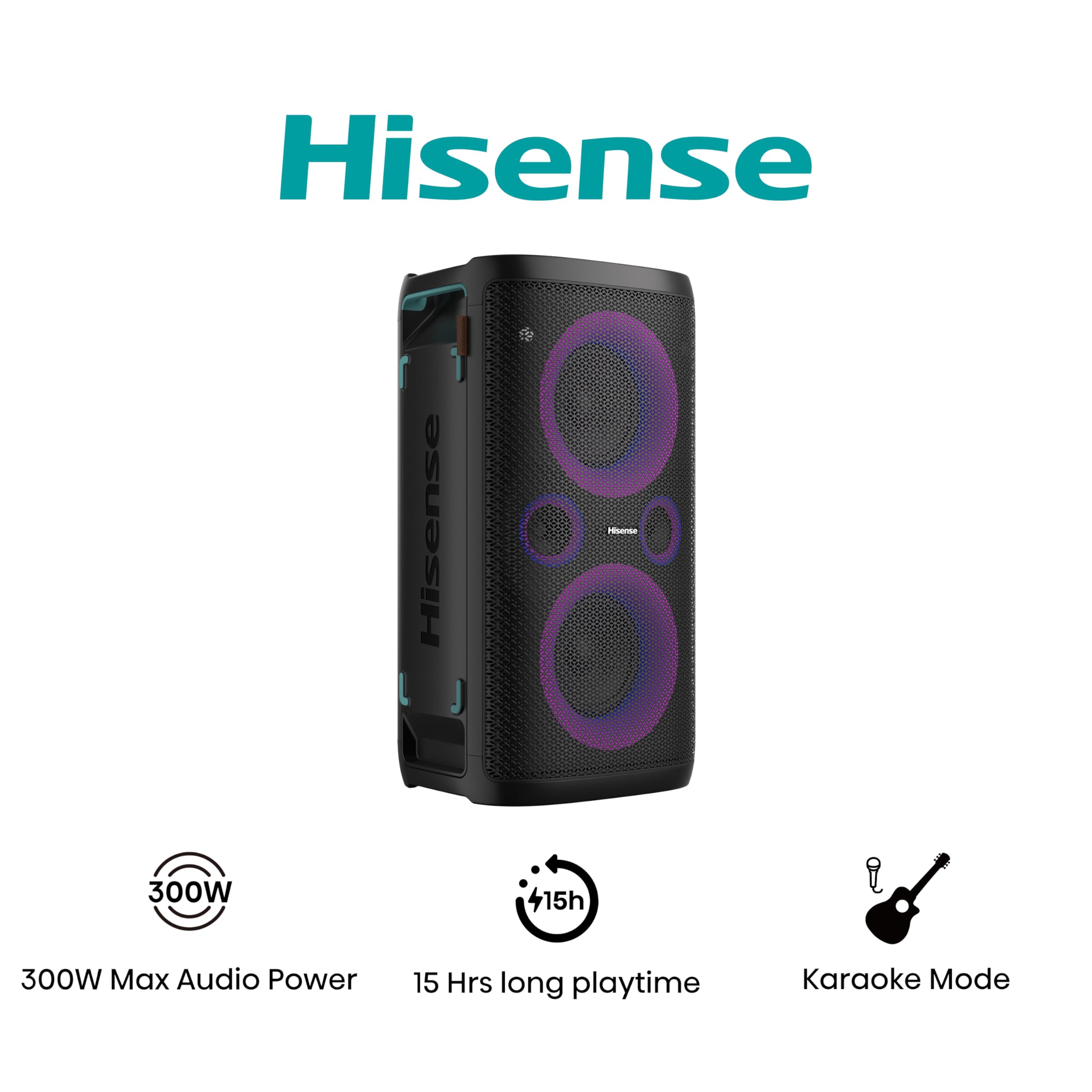 Hisense PARTY STORM, 300W Max Audio Power,15 Hrs long playtime,Karaoke Mode,Lighting effects, Wireless charge the phone, IPX4 Waterproof, Bluetooth 5.0