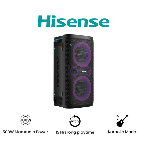 Hisense PARTY STORM, 300W Max Audio Power,15 Hrs long playtime,Karaoke Mode,Lighting effects, Wireless charge the phone, IPX4 Waterproof, Bluetooth 5.0