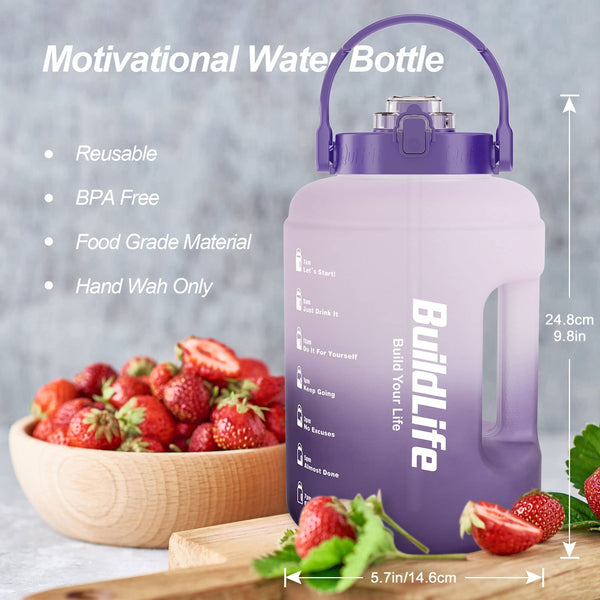 BuildLife Water Bottles with Straw & Flip Cap 2 in 1 Lid - Large Water Bottle with Time Markings BPA Free Leak Proof Wide Mouth Drinks Bottle,2.5 Litre Durable Sports Water Bottle (Black)