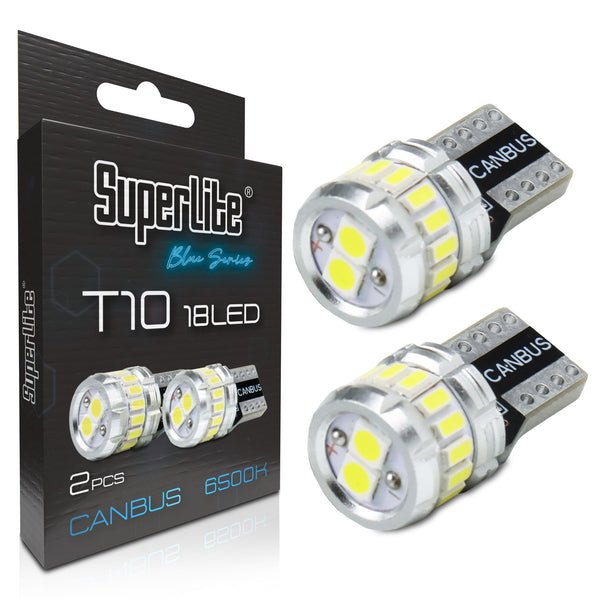 Superlite Set of 2 T10 Bulbs with 18 Leds from the Blue Series range. CanBus Technology and 6500K Colour Temperature. Ideal for Car and Truck.