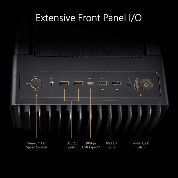 ASUS ProArt PA602 E-ATX computer case, 420 mm radiator support, one 140 mm and two 200mm pre-installed system fans, front panel IR dust indicator, power lock latch, tool-less PCIe mounting