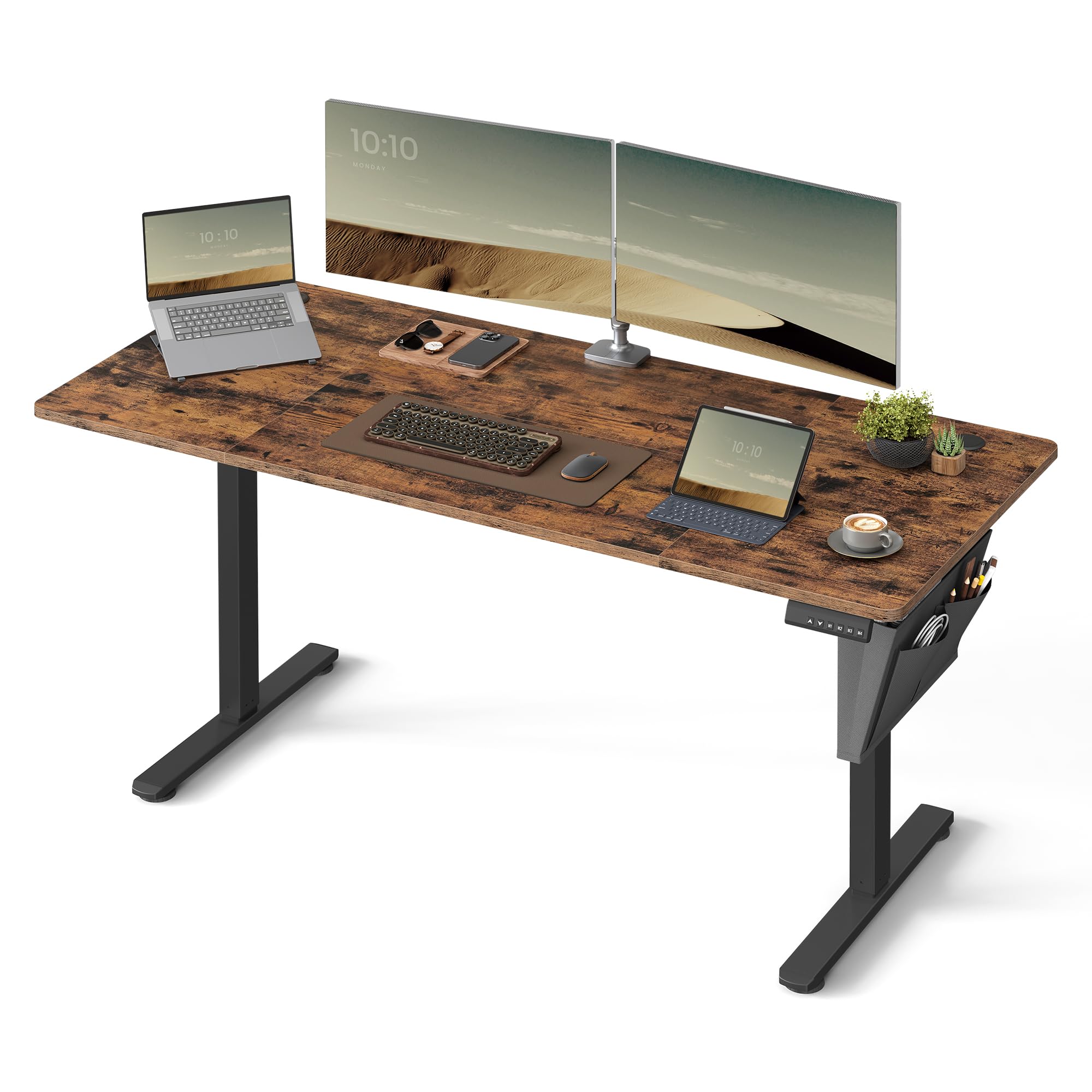 VASAGLE Electric Standing Desk, Height Adjustable Desk, 60 x 140 x (72-120) cm, 4 Memory Heights, Storage Pocket, for Home Office, Study, Rustic Brown and Ink Black LSD134K02