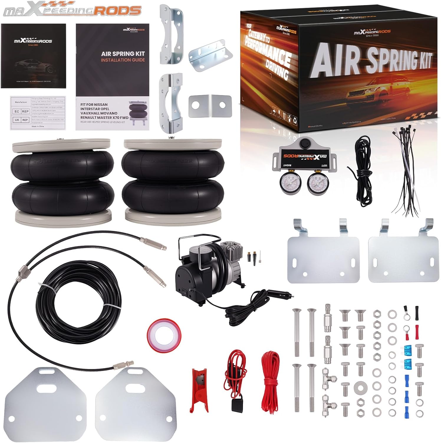 maXpeedingrods Air Suspension Kit for Nissan Interstar X70, for Opel Vauxhall Movano X70, for Renault Master X70 1998-2010, 2x Air Spring + Compressor + Gauge, 4000kg 12V