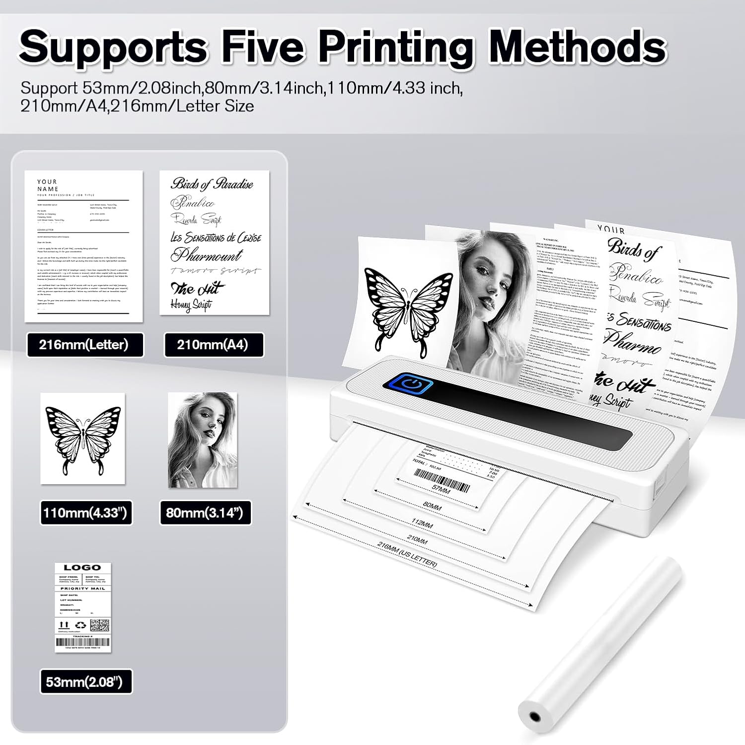 PLACHIDAY Portable Printer Wireless, 300DPI Small Wireless Bluetooth Inkless Thermal Printer A4 Travel Printer Multiple Sizes Thermal Paper Home Use (White)