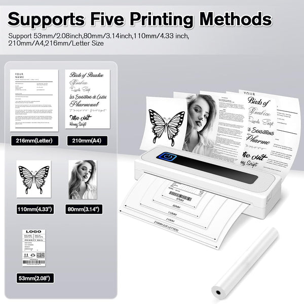PLACHIDAY Portable Printer Wireless, 300DPI Small Wireless Bluetooth Inkless Thermal Printer A4 Travel Printer Multiple Sizes Thermal Paper Home Use (White)