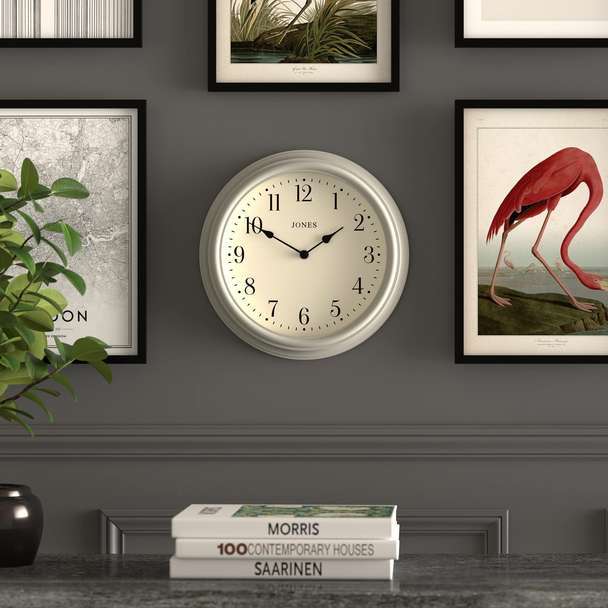 Jones Clocks Venetian wall clock | Classic round clock | 30cm | Grey | Arabic numerals | Traditional design ideal for kitchen, living room or bedroom